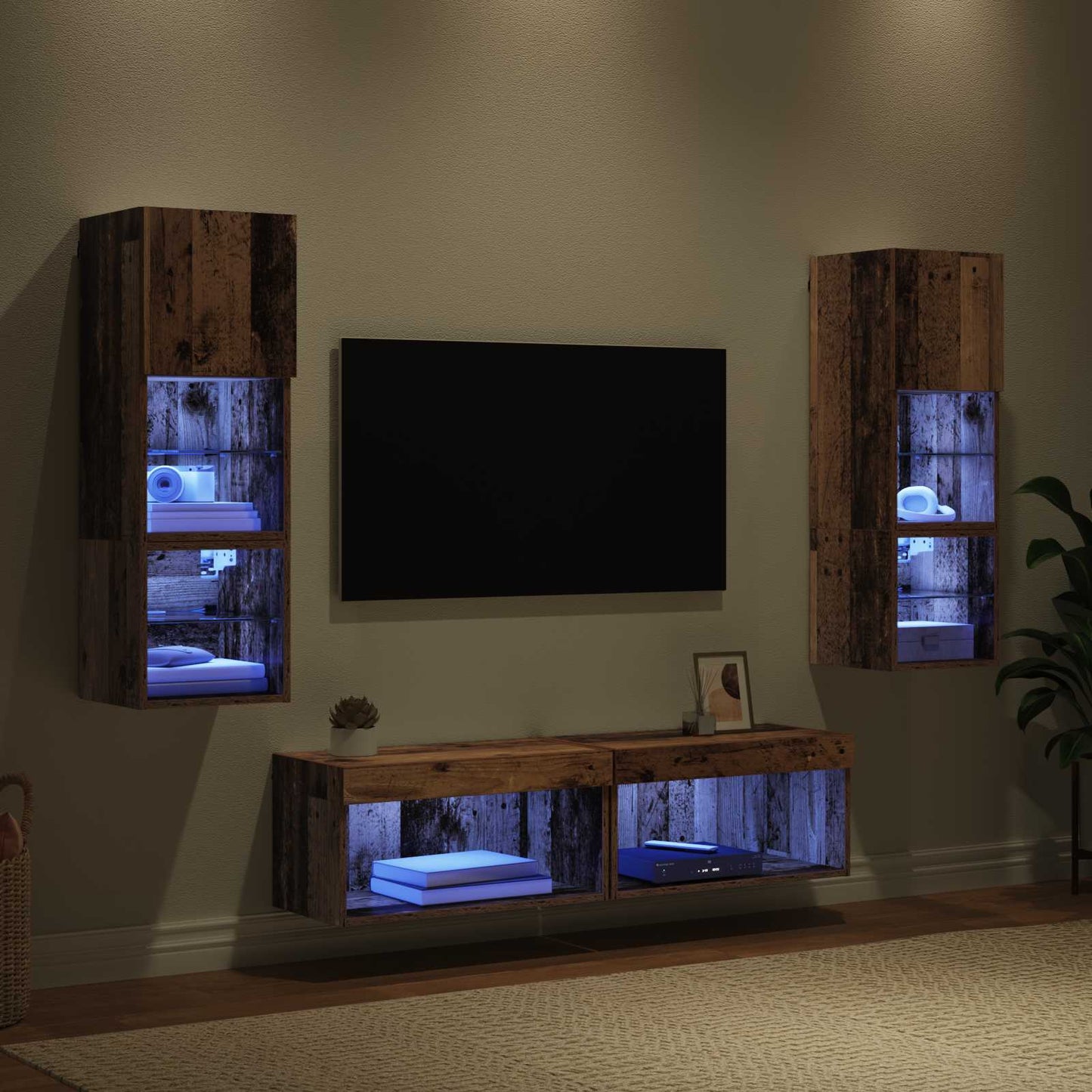 TV faliszekrény LED -es lámpákkal 6 pcs Öreg fa Faanyag