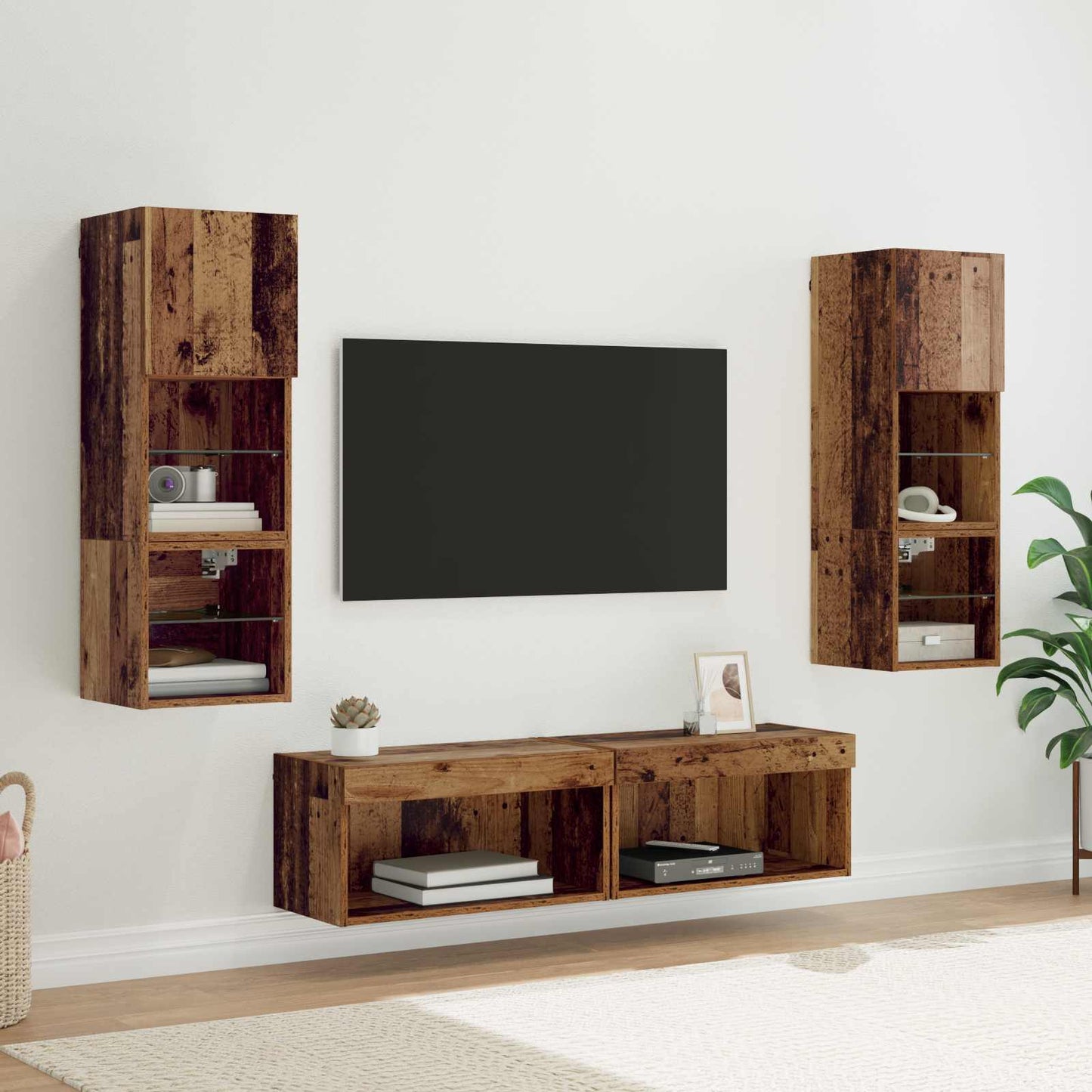 TV faliszekrény LED -es lámpákkal 6 pcs Öreg fa Faanyag