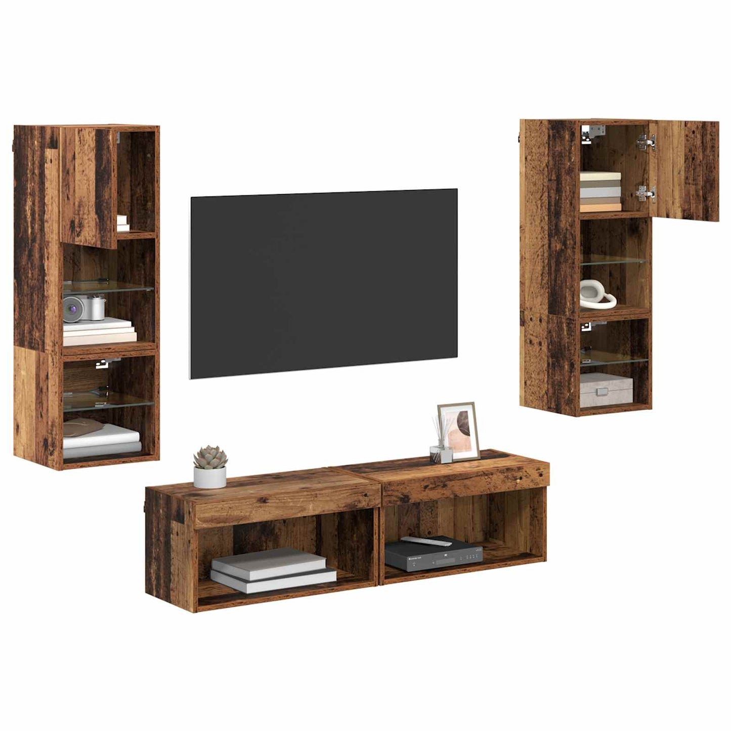 TV faliszekrény LED -es lámpákkal 6 pcs Öreg fa Faanyag