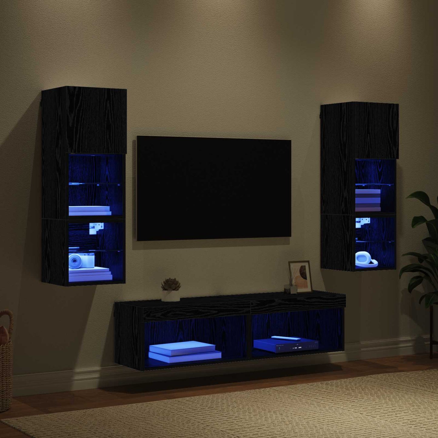 TV faliszekrény LED -es lámpákkal 6 pcs Fekete tölgy Faanyag