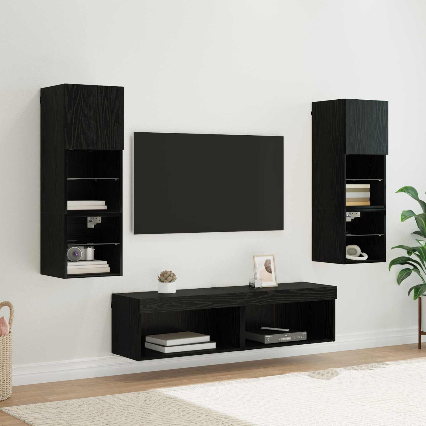TV faliszekrény LED -es lámpákkal 6 pcs Fekete tölgy Faanyag