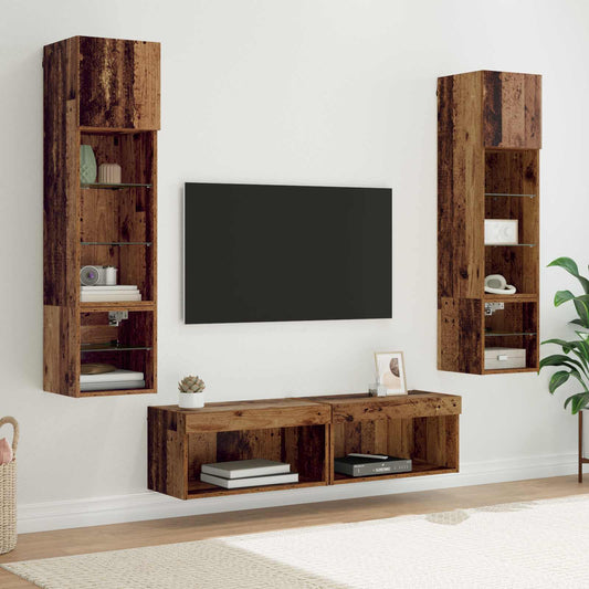 TV faliszekrény LED -es lámpákkal 6 pcs Öreg fa Faanyag
