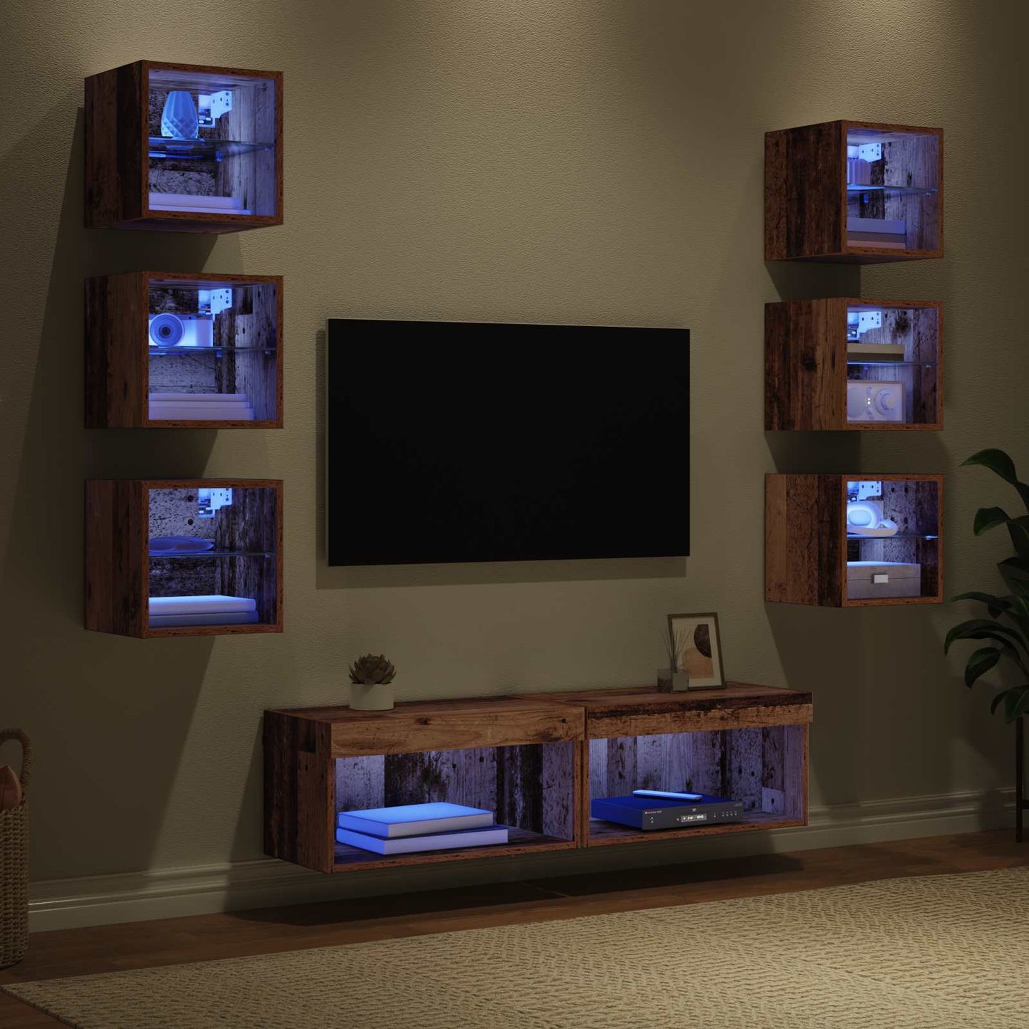 TV szekrény LED -es lámpákkal fiókkal 8 pcs Öreg fa Üveg