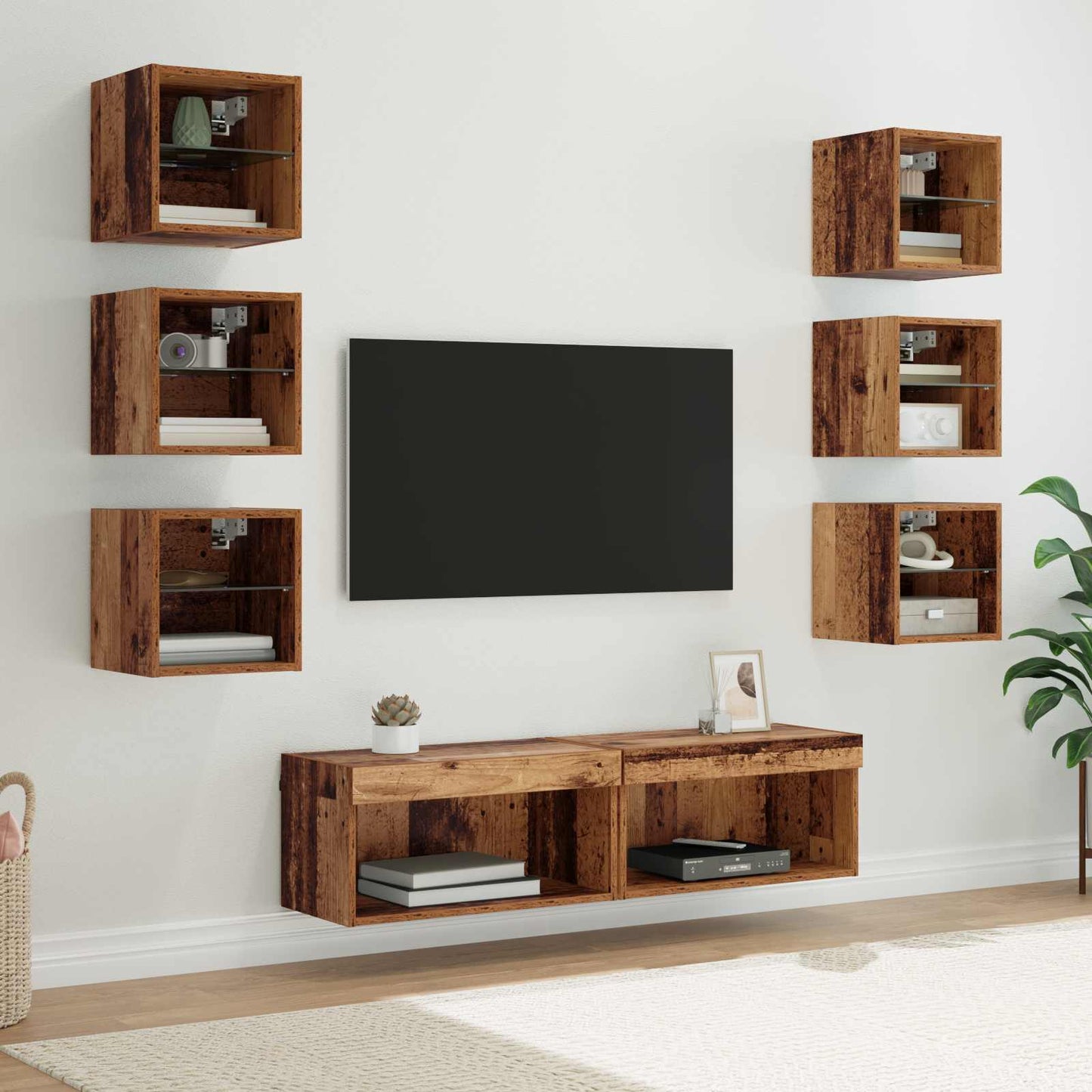 TV szekrény LED -es lámpákkal fiókkal 8 pcs Öreg fa Üveg