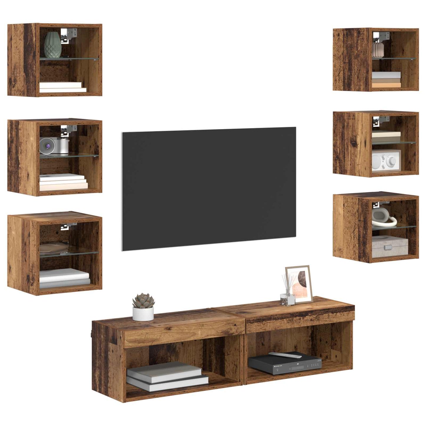 TV szekrény LED -es lámpákkal fiókkal 8 pcs Öreg fa Üveg