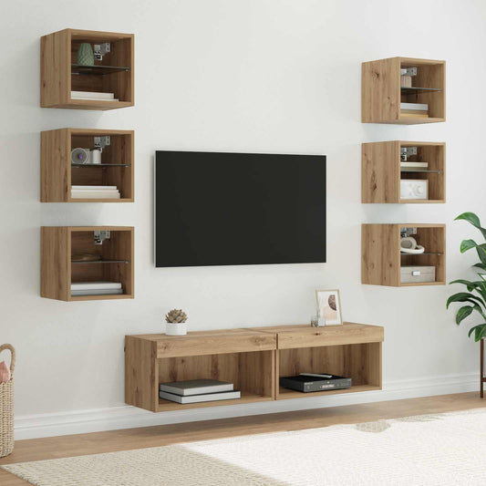 TV szekrény LED -es lámpákkal fiókkal 8 pcs Artisan tölgy Üveg