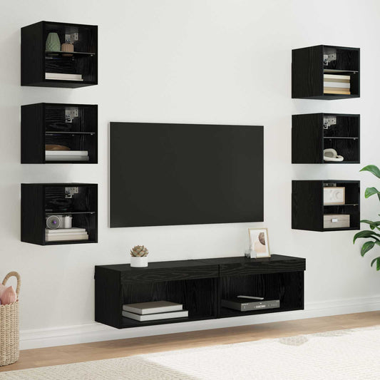 TV szekrény LED -es lámpákkal fiókkal 8 pcs Fekete tölgy Üveg