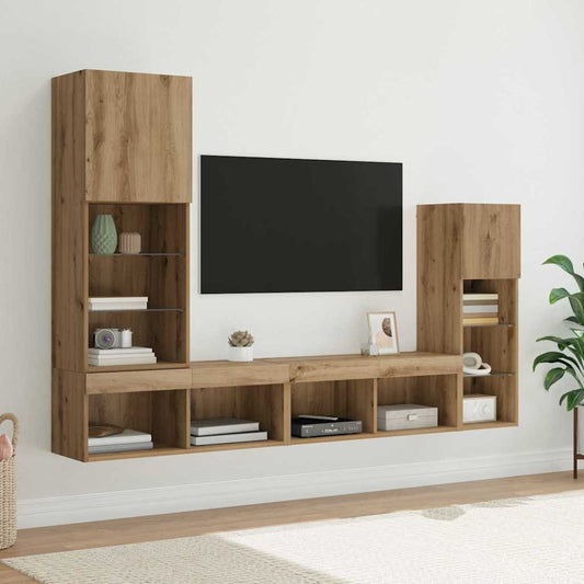 TV Fali Egységek LED -es lámpákkal 4 pcs Artisan tölgy Faanyag