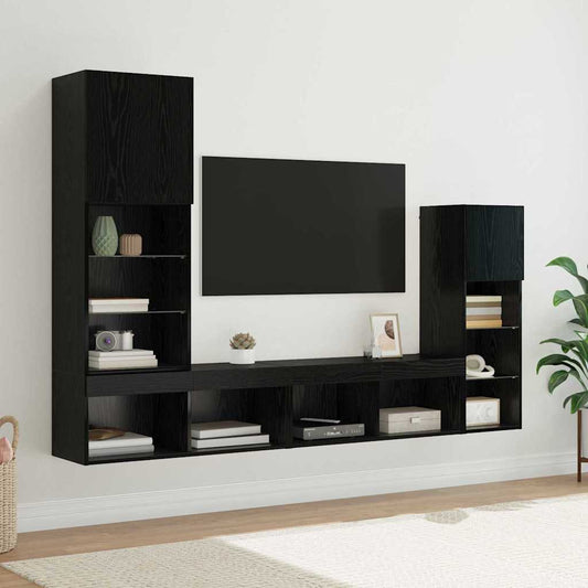 TV Fali Egységek LED -es lámpákkal 4 pcs Fekete tölgy Faanyag