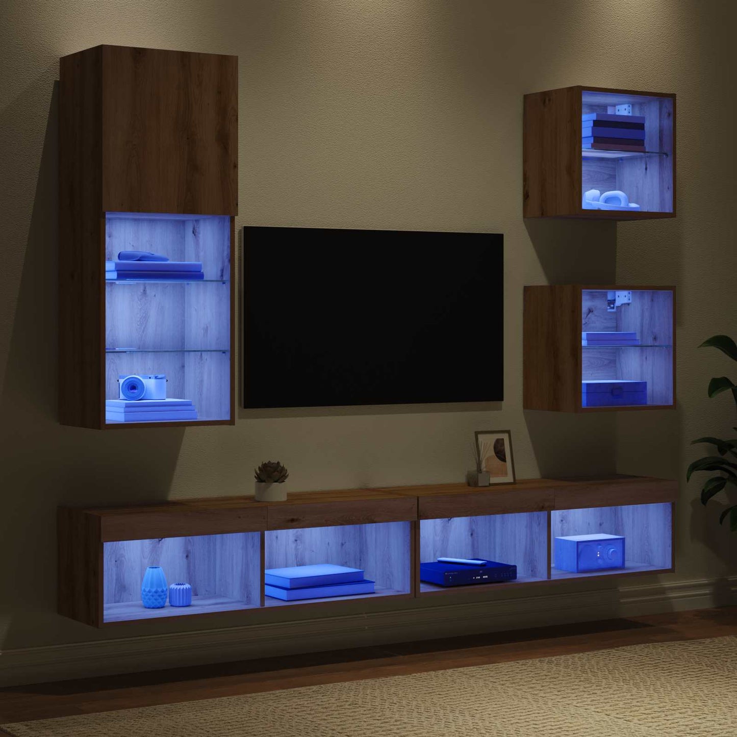 TV Fali Egységek LED-del 5 pcs Artisan tölgy Faanyag