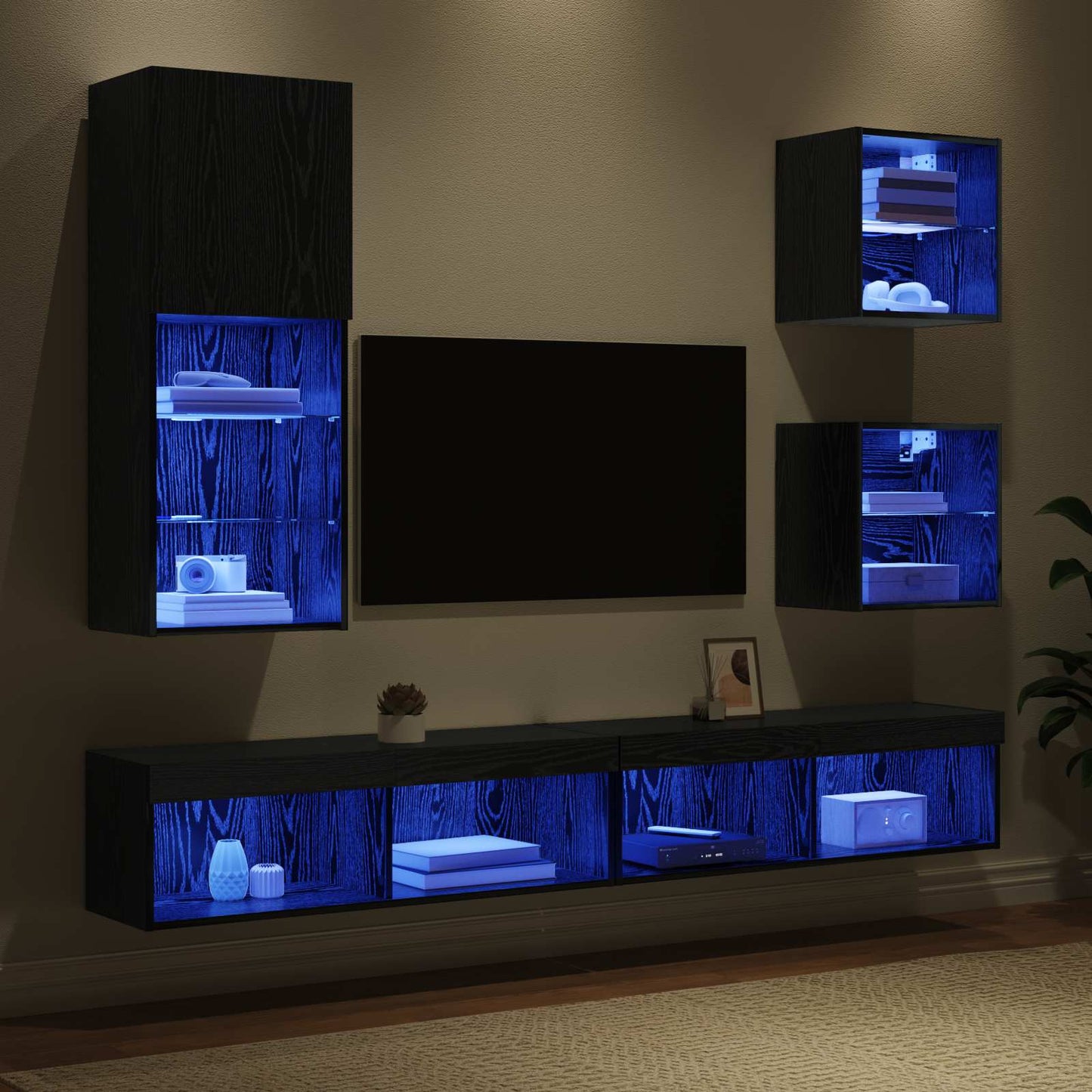 TV Fali Egységek LED-del 5 pcs Fekete tölgy 100 x 30 x 30 cm