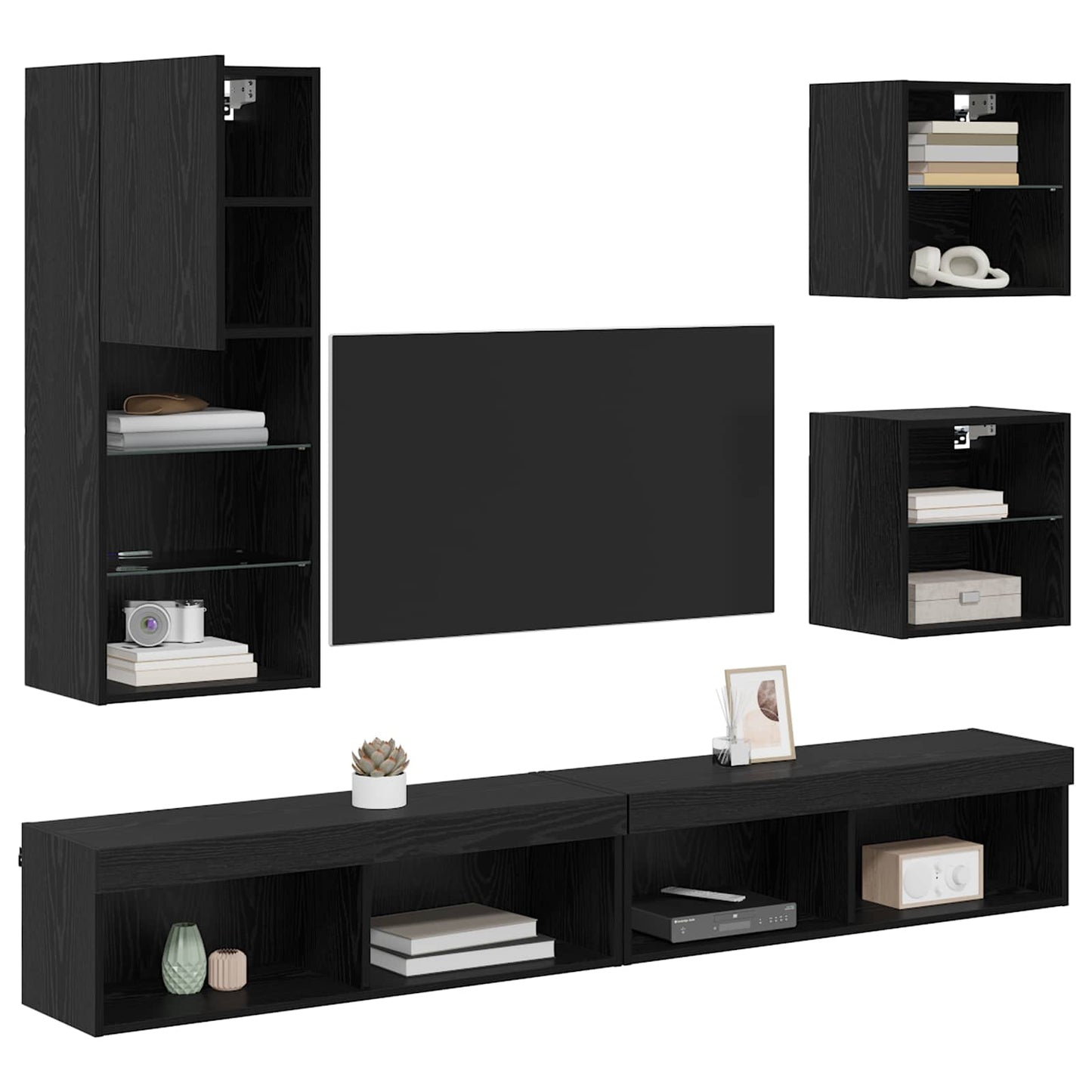 TV Fali Egységek LED-del 5 pcs Fekete tölgy 100 x 30 x 30 cm