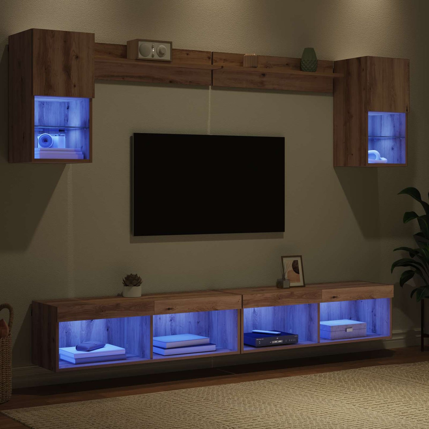 TV Fali Egységek LED-del 6 pcs Artisan tölgy Szerelt Fa