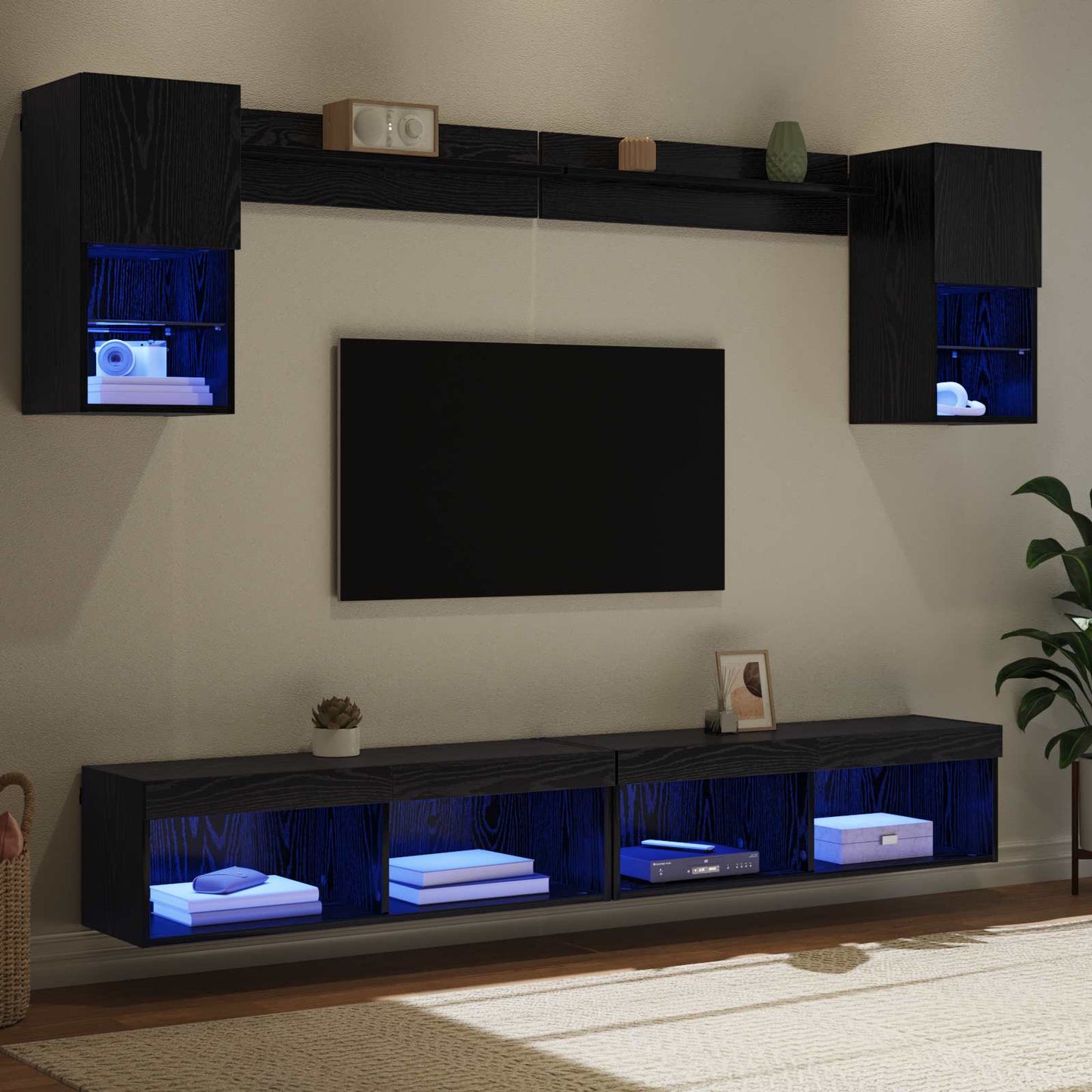 TV Fali Egységek LED-del leddel 6 pcs Fekete tölgy Faanyag