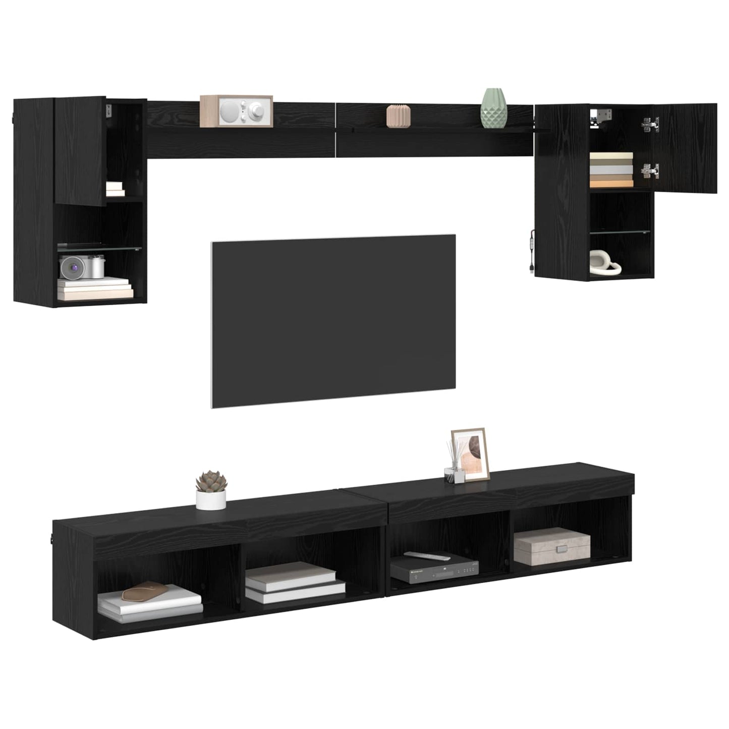 TV Fali Egységek LED-del leddel 6 pcs Fekete tölgy Faanyag