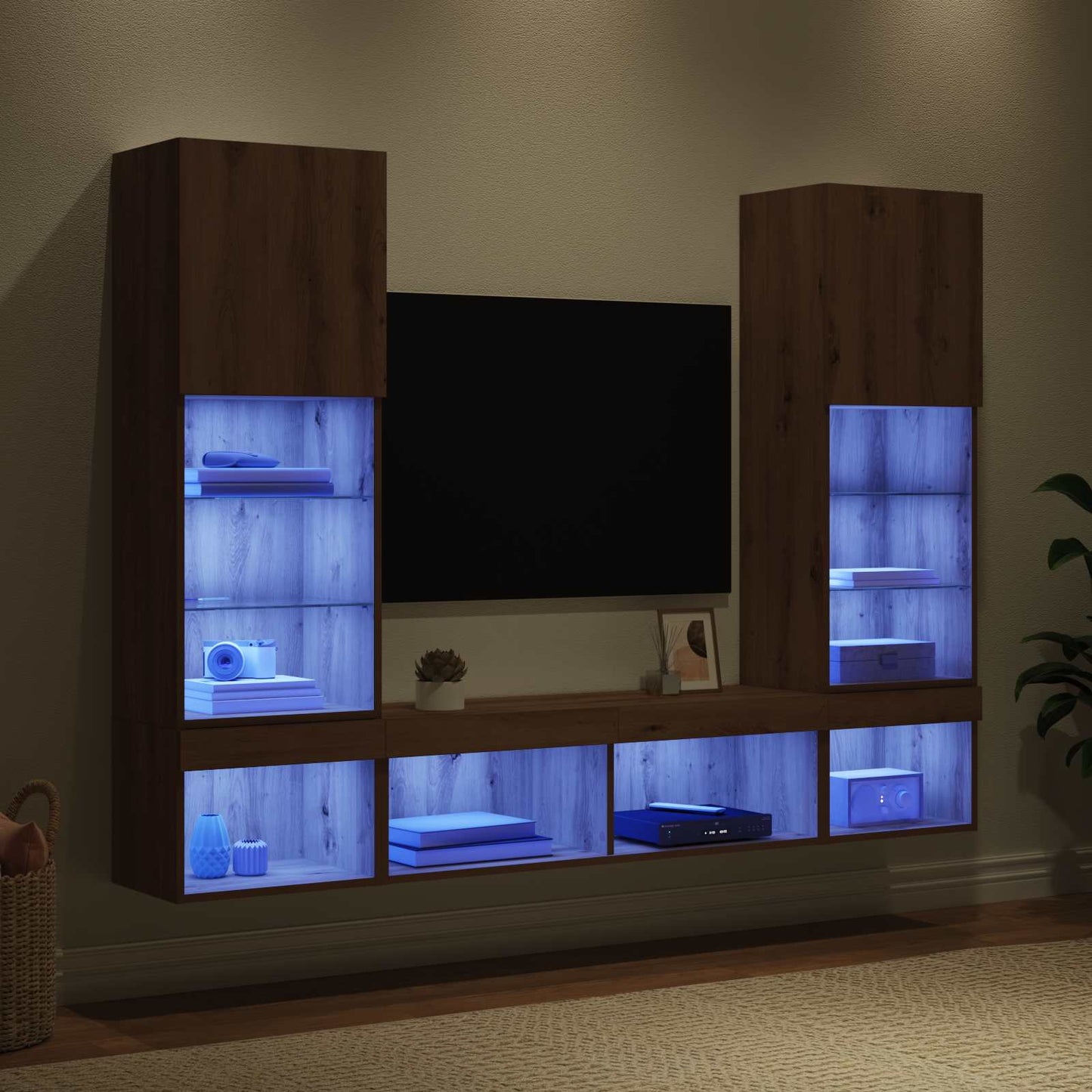 TV Fali Egységek LED-del 5 pcs Artisan tölgy Szerelt Fa