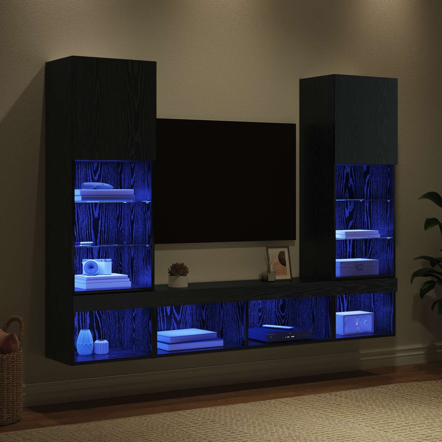 TV Fali Egységek LED-del 5 pcs 40,5 x 30 x 102 cm Fekete tölgy