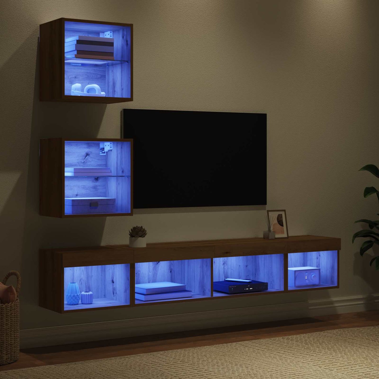 TV Fali Egységek LED-del 5 pcs Artisan tölgy Szerelt Fa