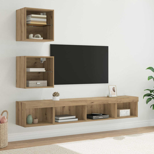 TV Fali Egységek LED-del leddel 5 pcs Artisan tölgy Faanyag