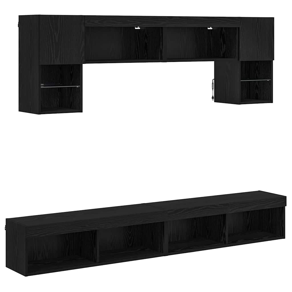 TV Fali Egységek LED-del 6 pcs Fekete tölgy Szerelt Fa