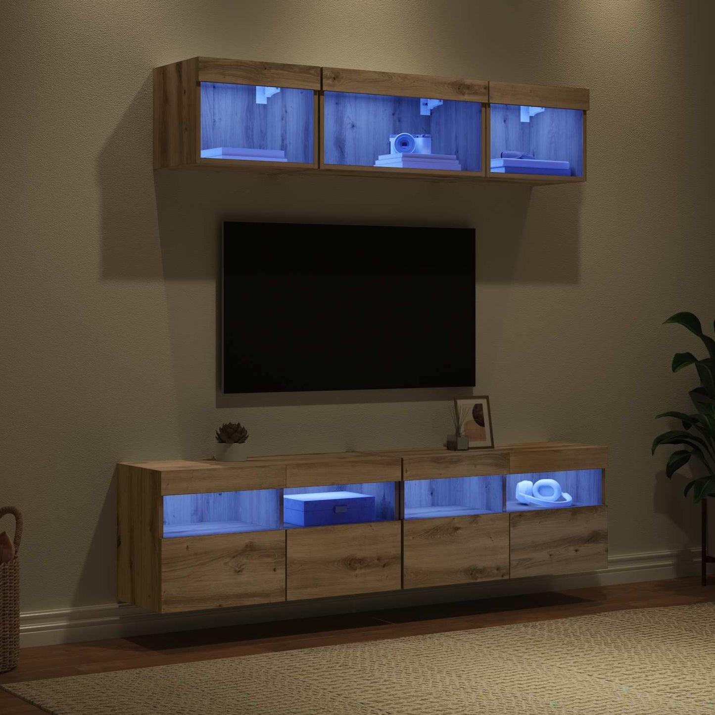 TV Fali Egységek LED-del 5 pcs Artisan tölgy Szerelt Fa