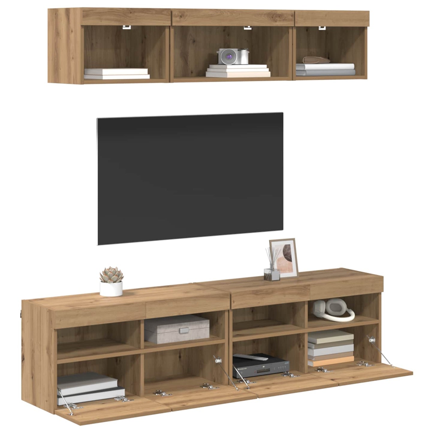 TV Fali Egységek LED-del 5 pcs Artisan tölgy Szerelt Fa