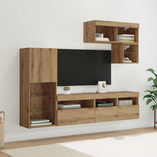 TV Fali Egységek LED -es lámpákkal 6 pcs Artisan tölgy Faanyag