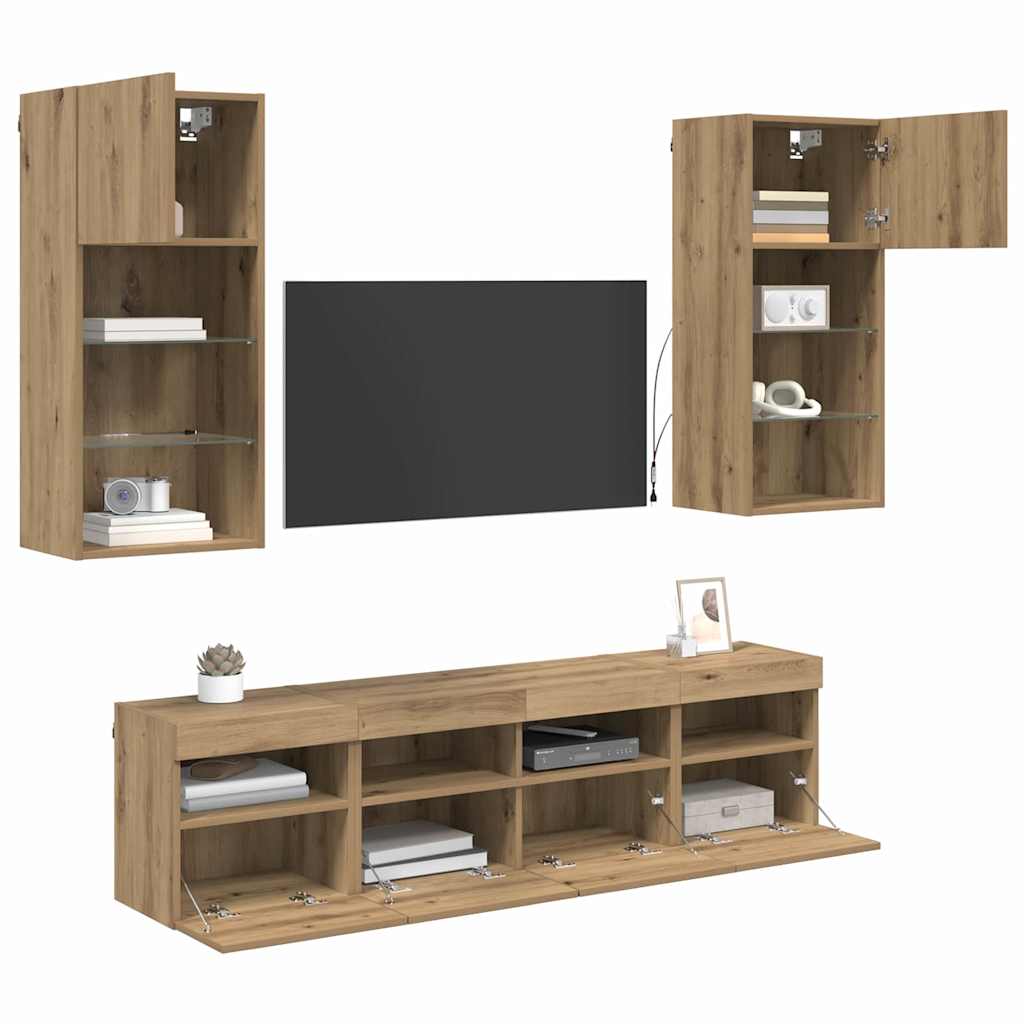 TV Fali Egységek LED-del 5 pcs Artisan tölgy Faanyag