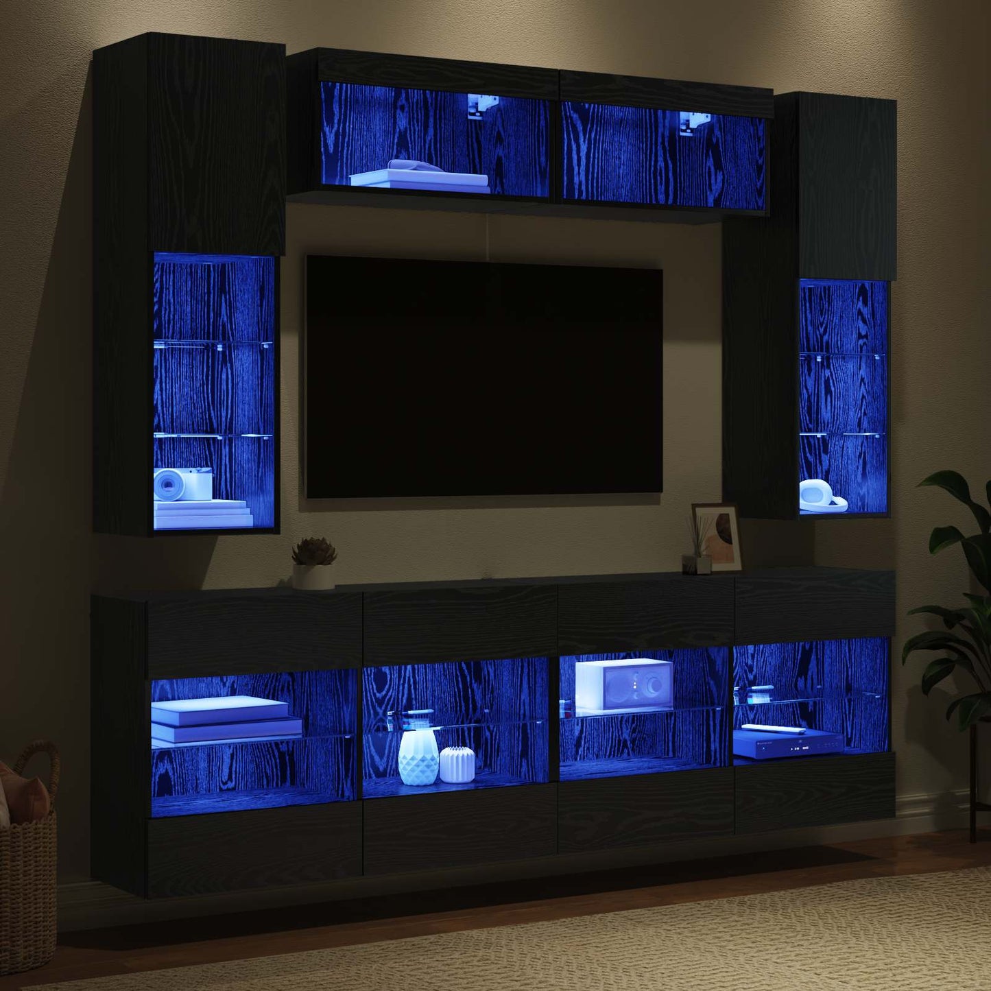 TV falit kabinet szett leddel 6 pcs Fekete Tölgy Mérnöki fa
