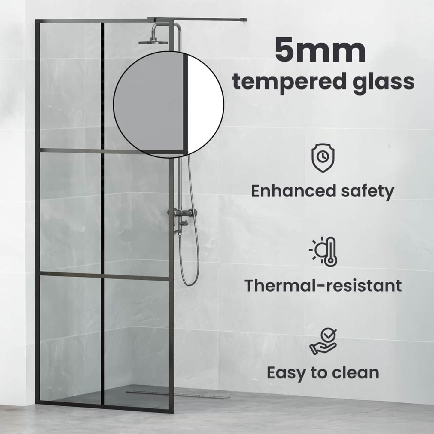 Walk-in zuhanyfal Fekete 80 x 195 cm edzett üveg
