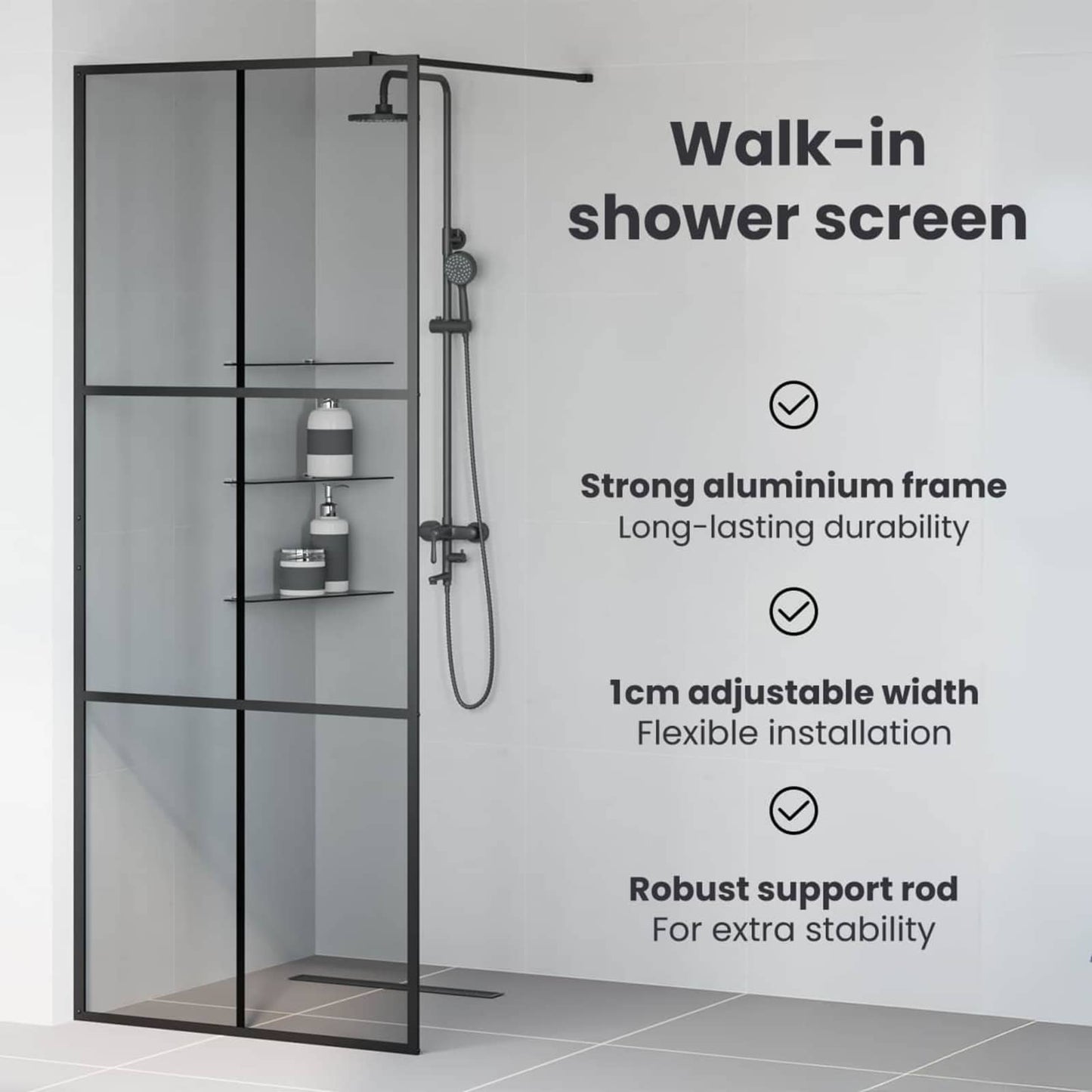 Walk-in zuhanyfal Fekete 100 x 195 cm edzett üveg