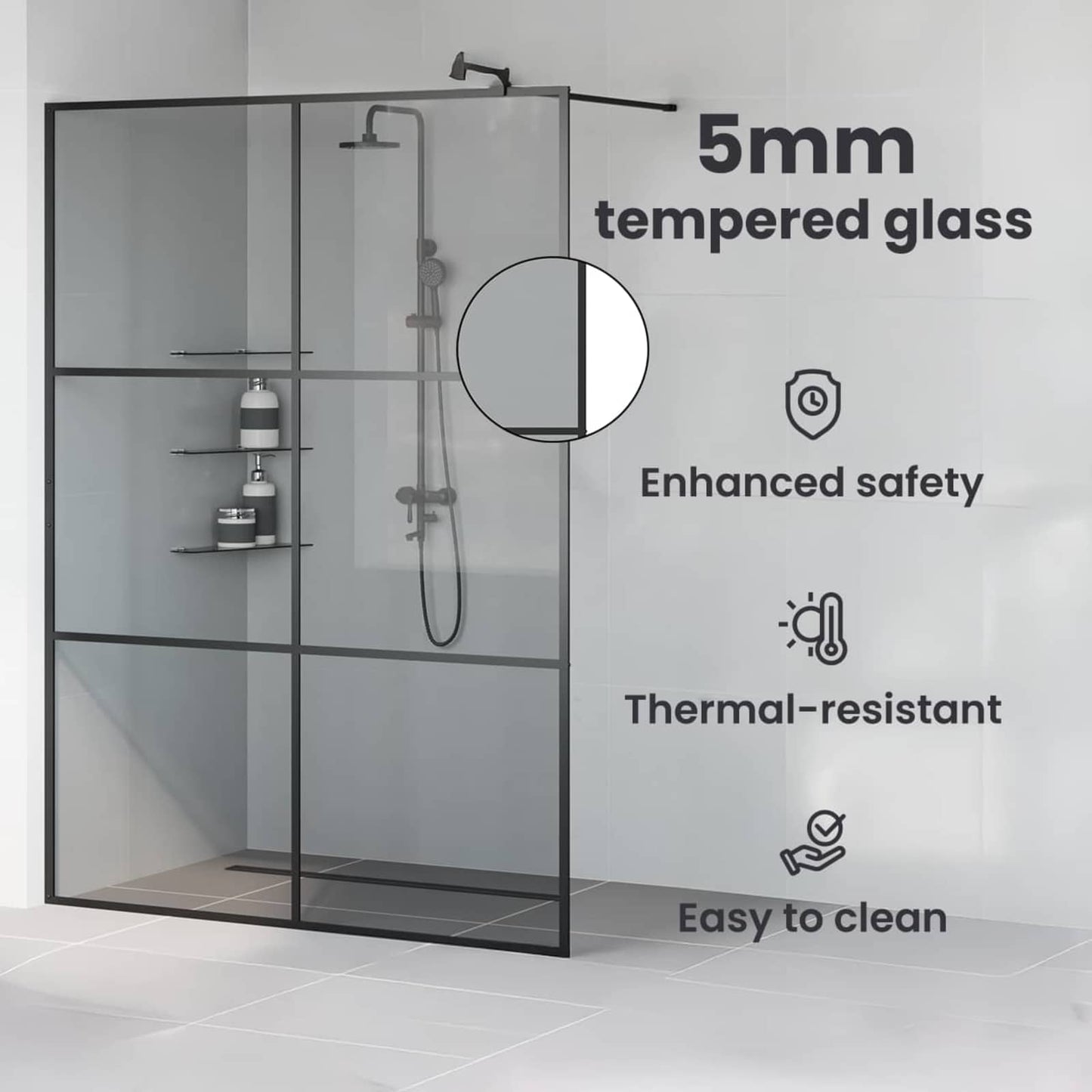 Walk-in zuhanyfal Fekete 115 x 195 cm edzett üveg