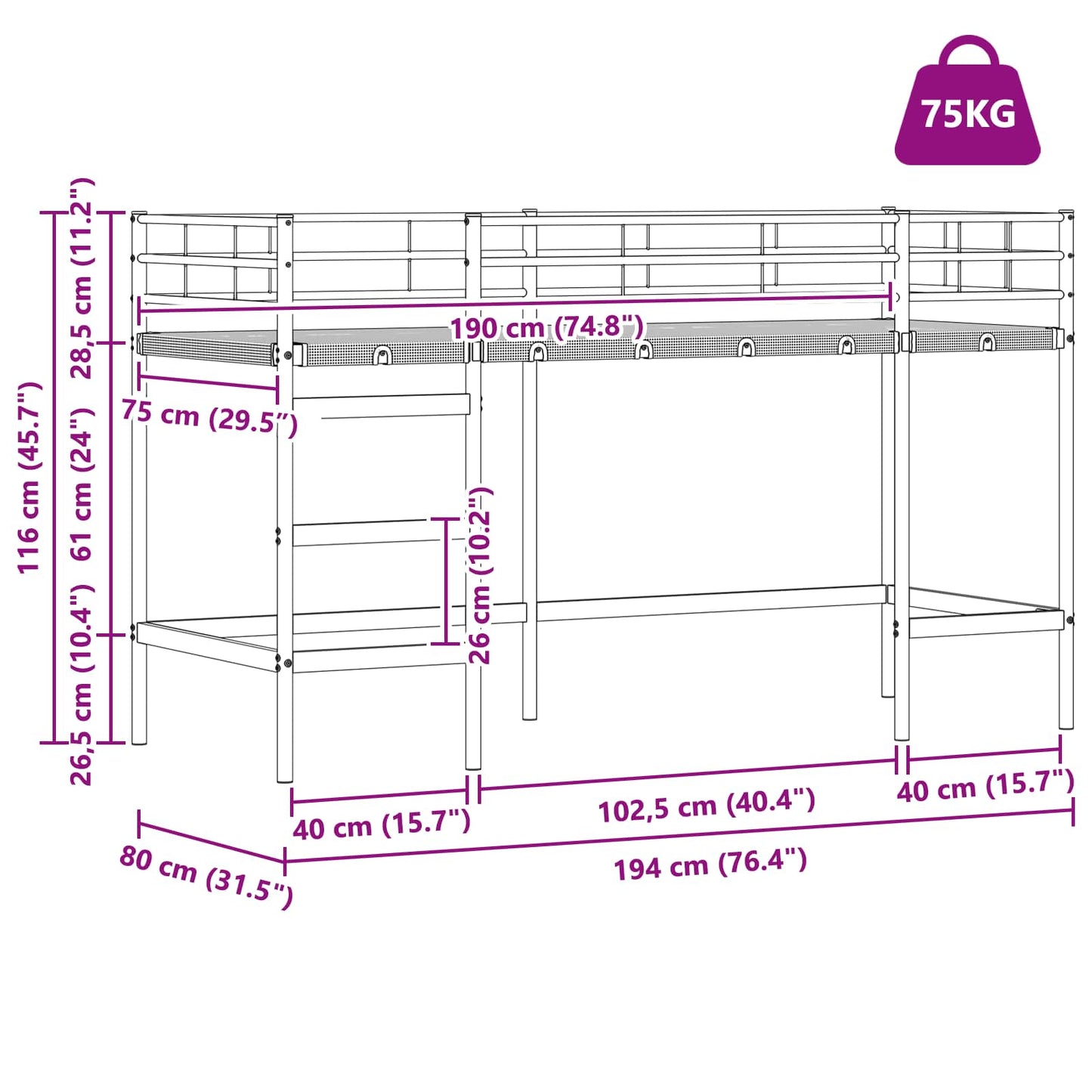 Gyerekek Loft Ágykerete Egyszínű Fekete 75 x 190 cm Acél