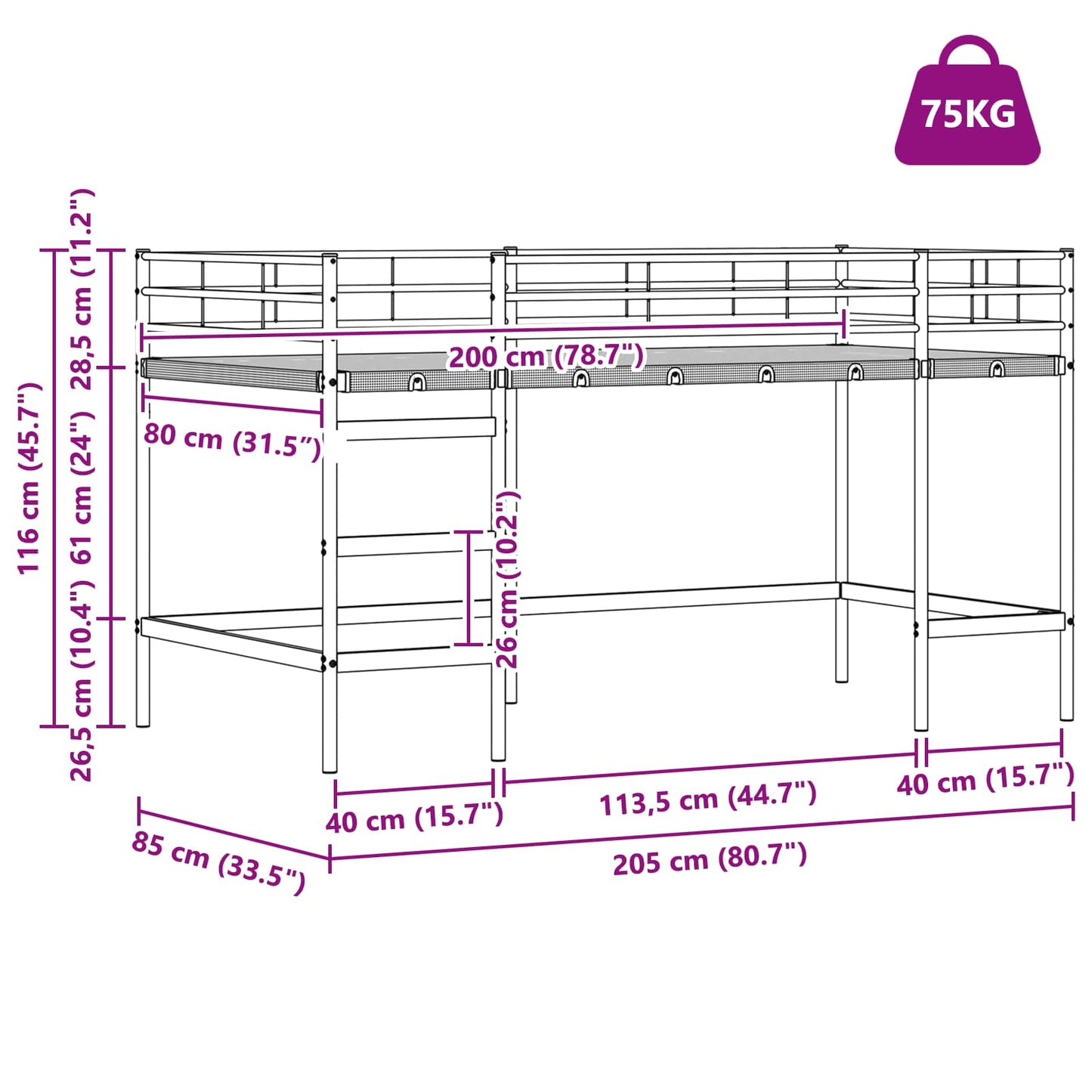 Gyerekek Loft Ágykerete Egyszínű Fekete 80 x 200 cm Acél