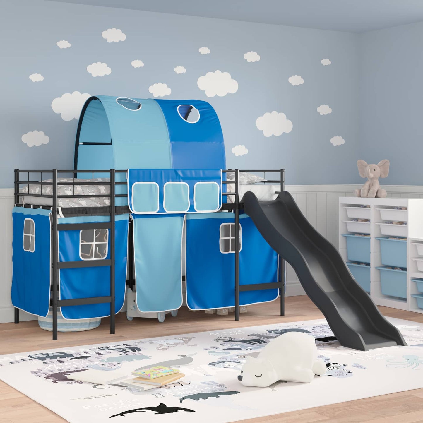 Gyerekek Loft Ágykerete Fekete és Kék 75 x 190 cm Fém