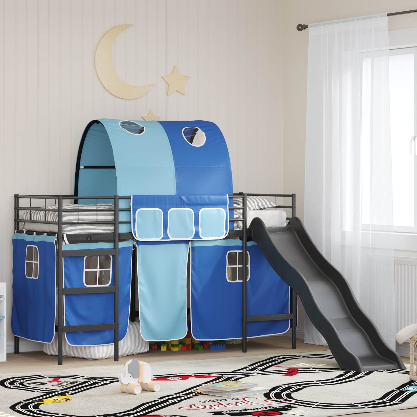 Gyerekek Loft Ágykerete Fekete és Kék 90 x 190 cm Fém