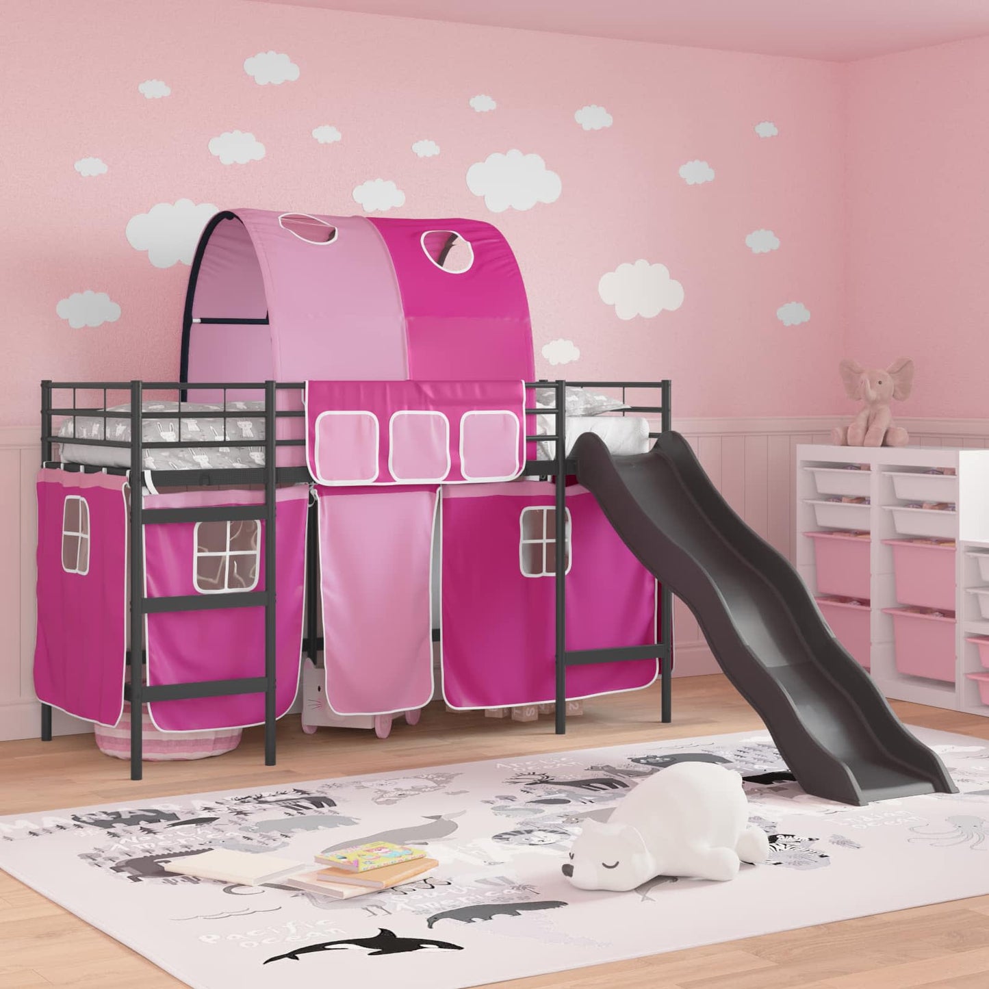 Gyerekek Loft Ágykerete Fekete és Rózsaszín 100 x 190 cm Fém