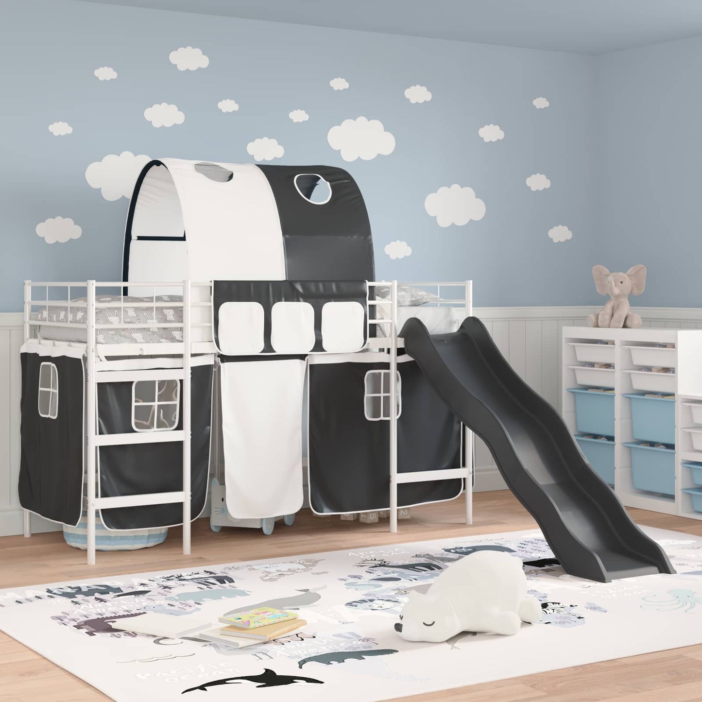 Gyerekek Loft Ágykerete Fehér és fekete 90 x 190 cm Fém