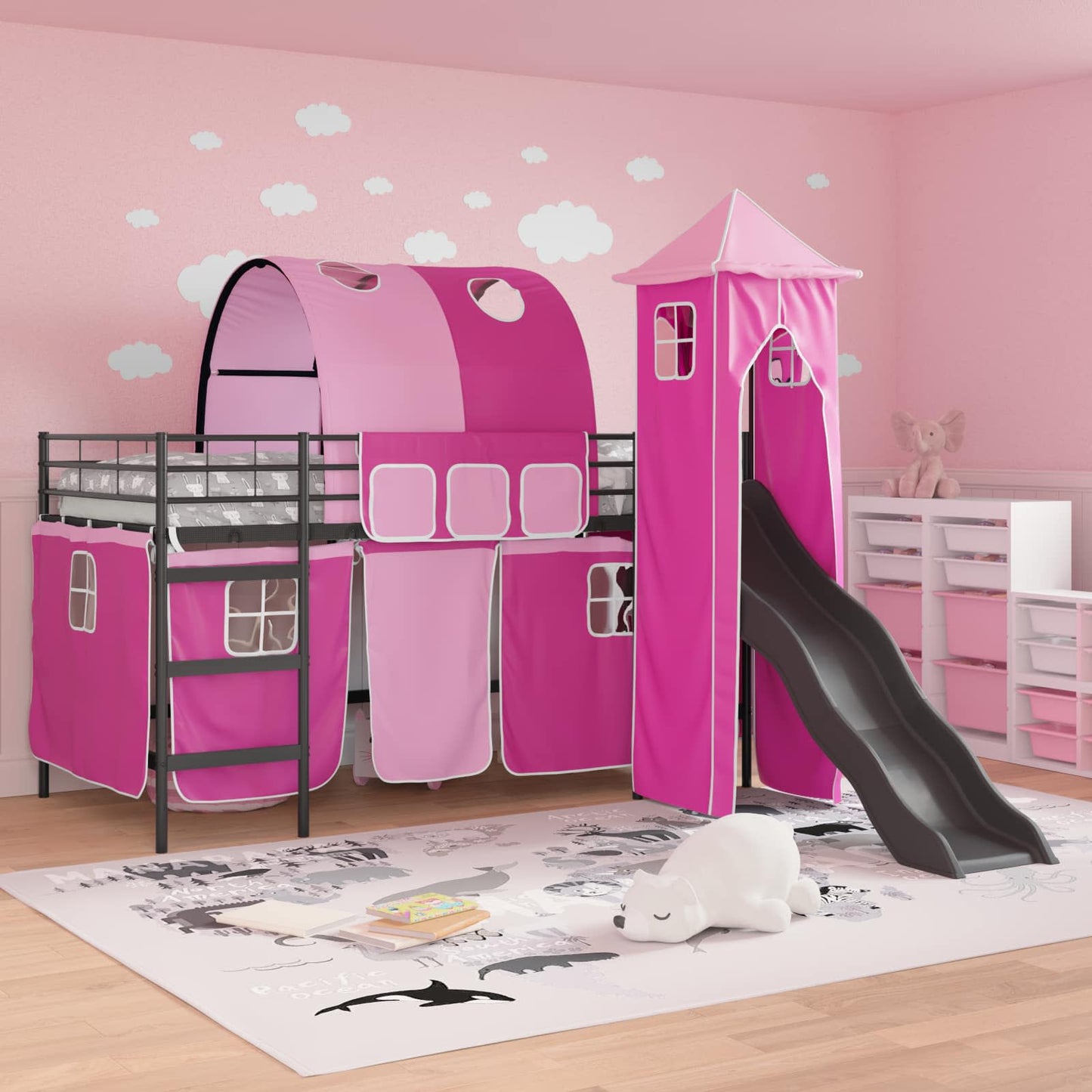 Gyerekek Loft Ágykerete Fekete és Rózsaszín 90 x 200 cm Fém