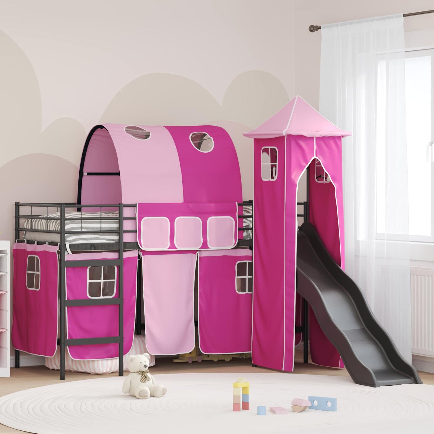 Gyerekek Loft Ágykerete Fekete és Rózsaszín 100 x 190 cm Fém