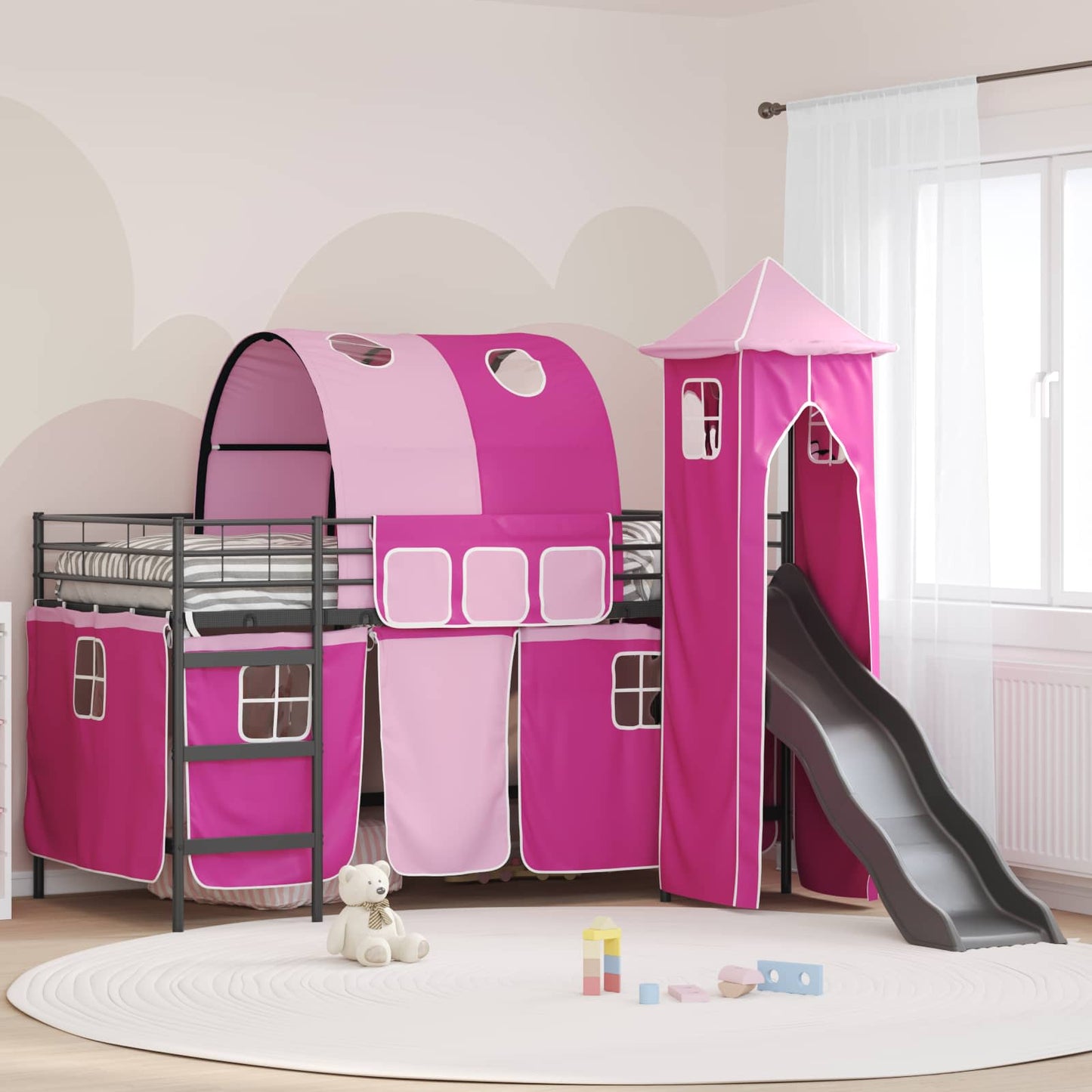 Gyerekek Loft Ágykerete Fekete és Rózsaszín 100 x 200 cm Fém
