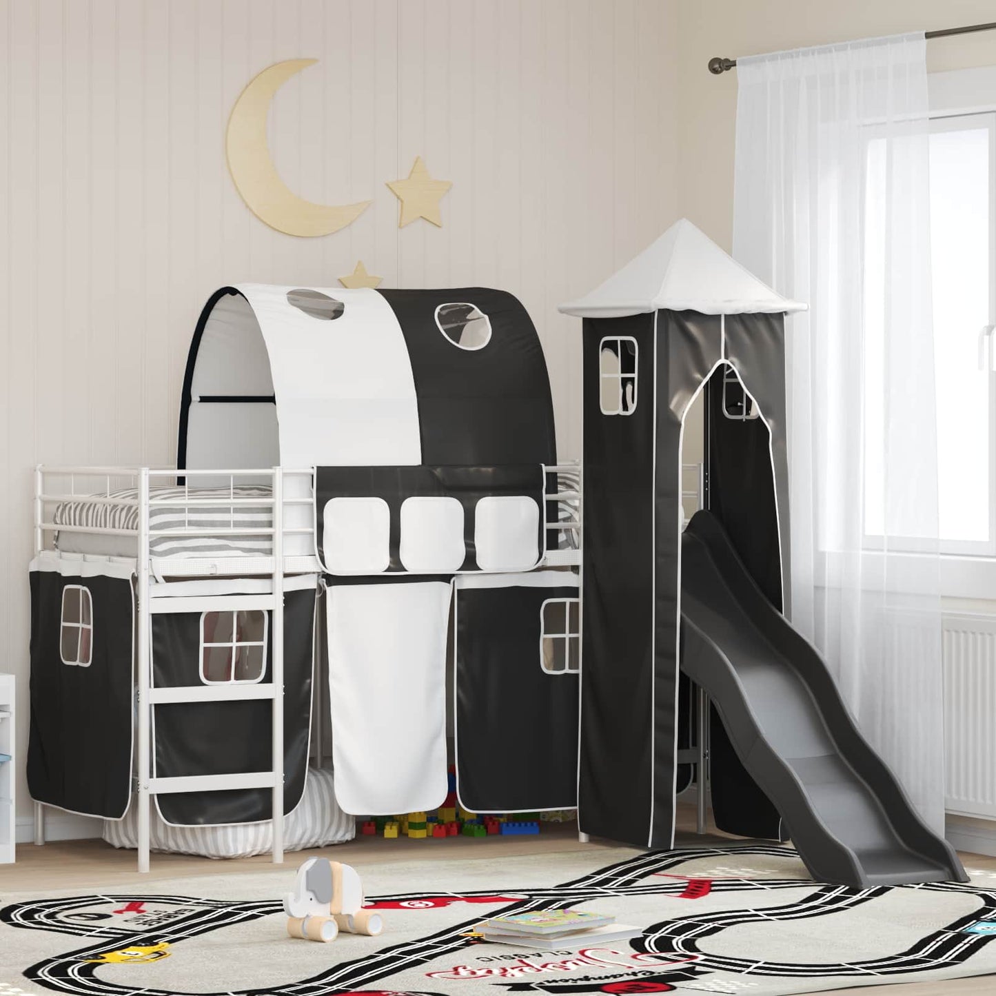 Gyerekek Loft Ágykerete Fehér és Fekete 100 x 190 cm Fém