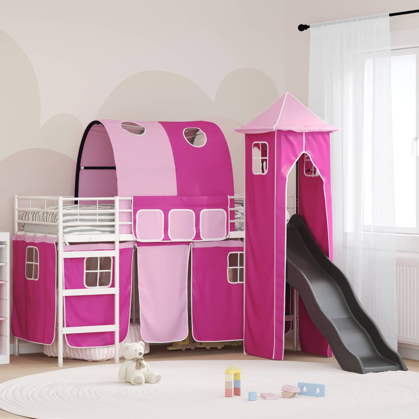 Gyerekek Loft Ágykerete Fehér és Rózsaszín 90 x 190 cm Fém
