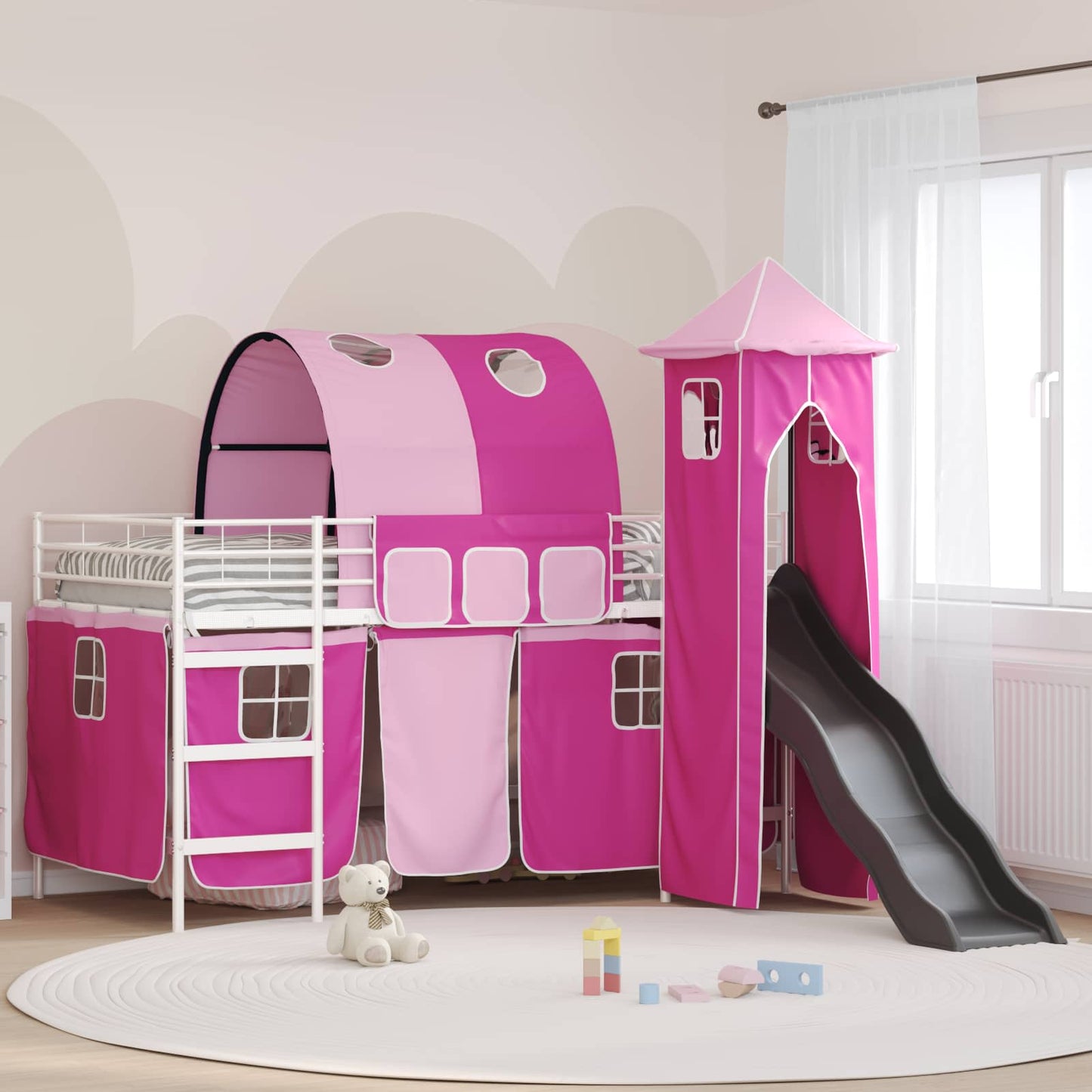 Gyerekek Loft Ágykerete Fehér és Rózsaszín 107 x 203 cm Fém
