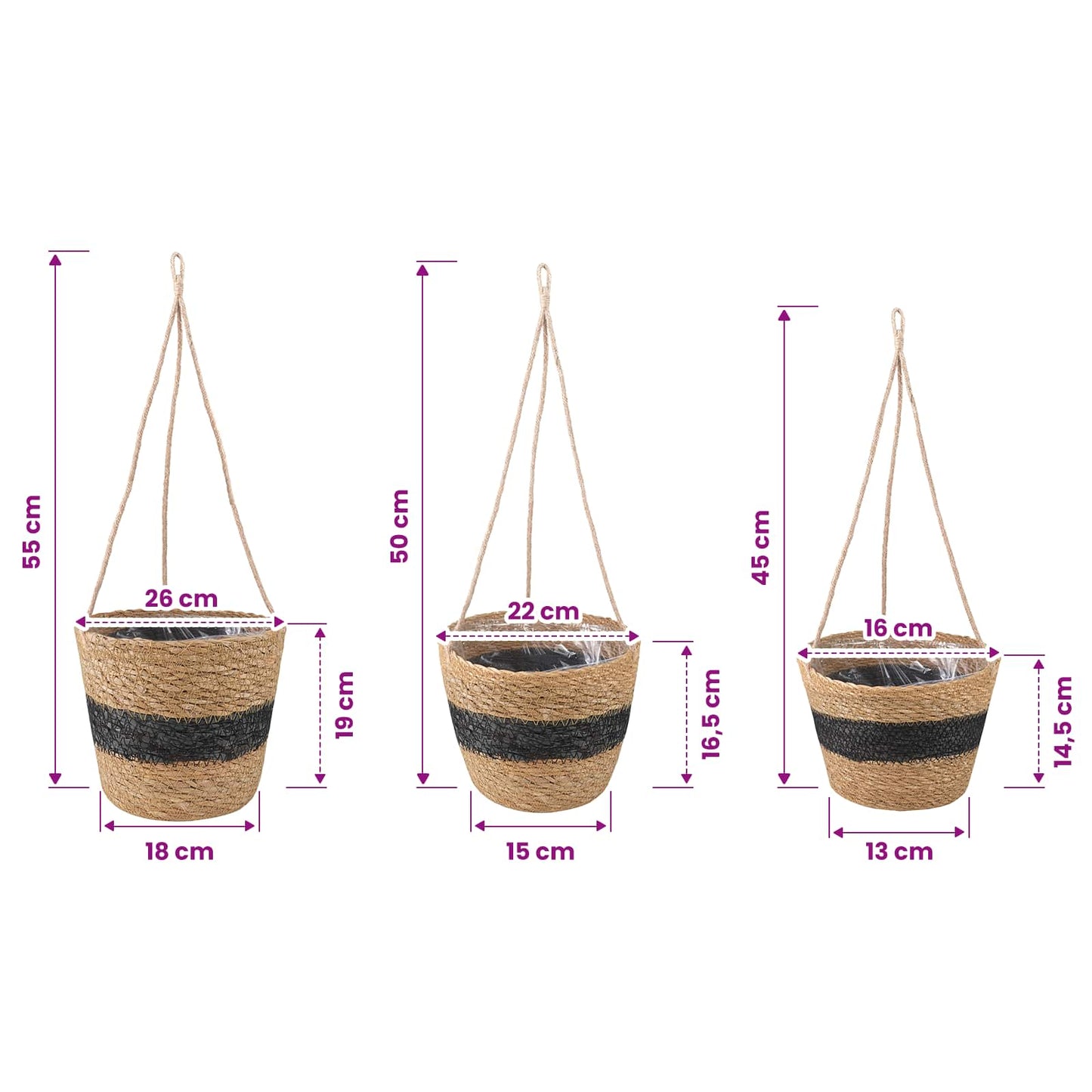 3 db Természetes és Fekete Ø26 x 19 cm 100% Tengeri fű