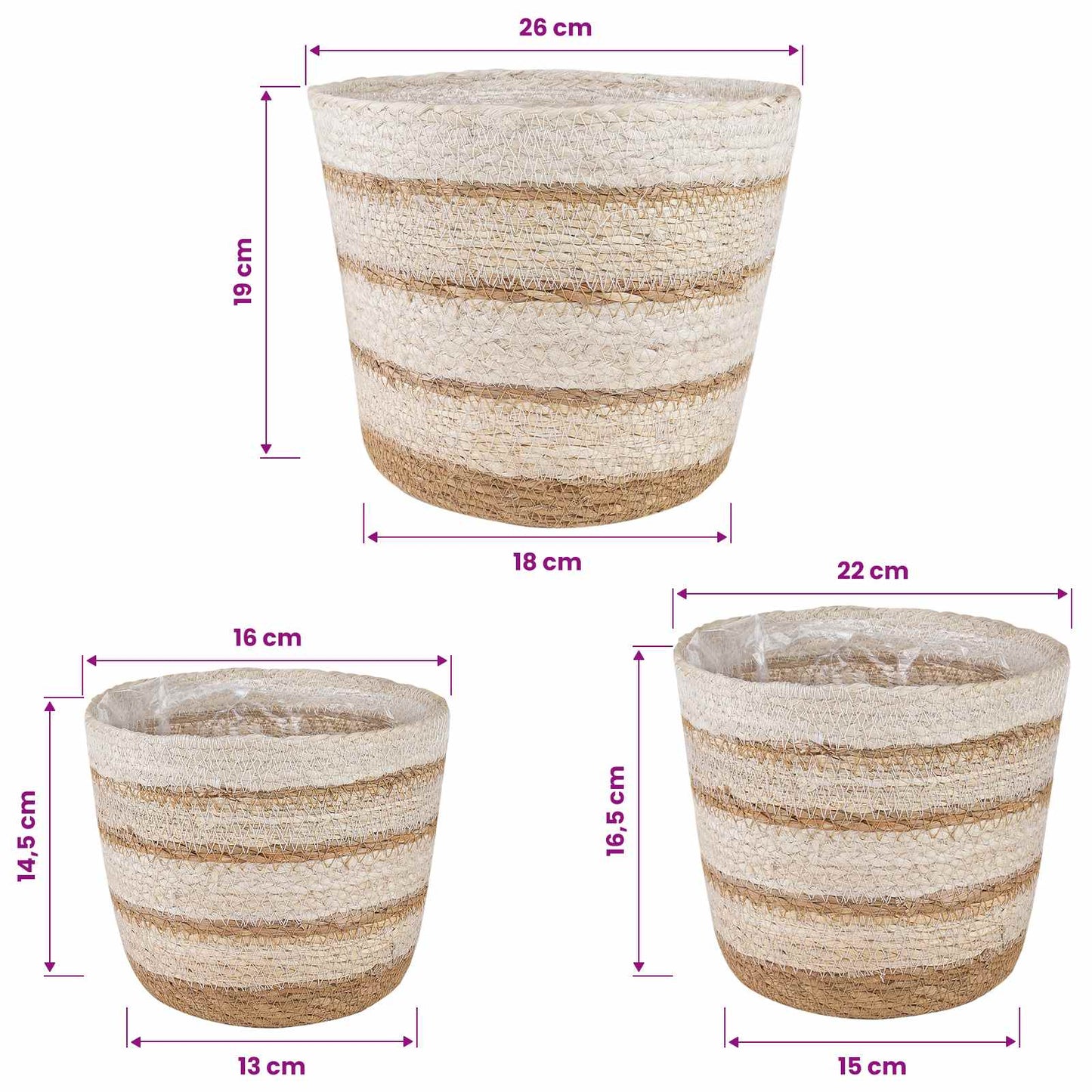 3 db Természetes, Fehér és Bézs Ø26 x 19 cm 100% Tengeri fű