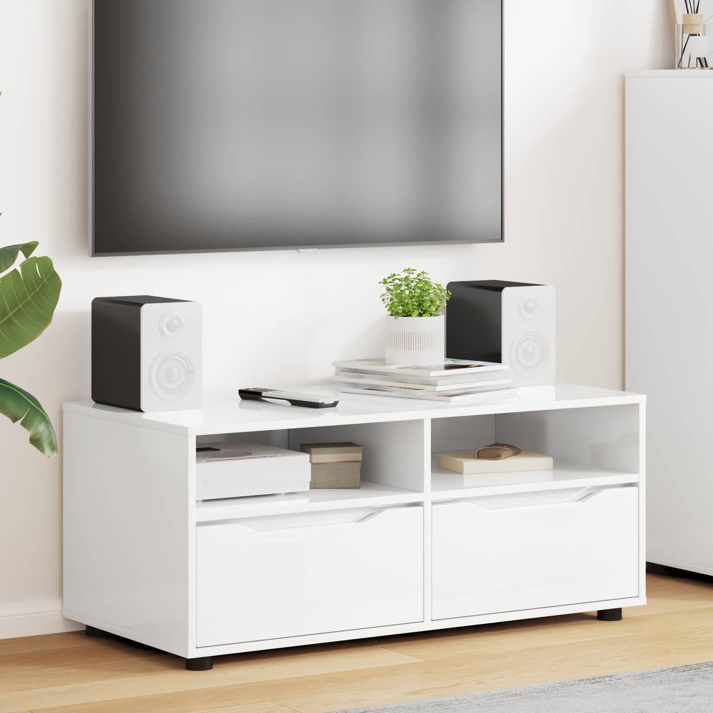 TV szekrény fiókkal Magas Fényű Fehér 100 x 48 x 43 cm Faanyag