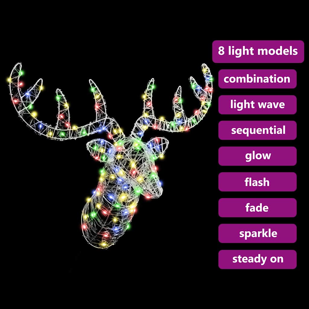 Rénszarvas fej 140 LED-del színes 68 x 36,5 x 62,5 cm Akril