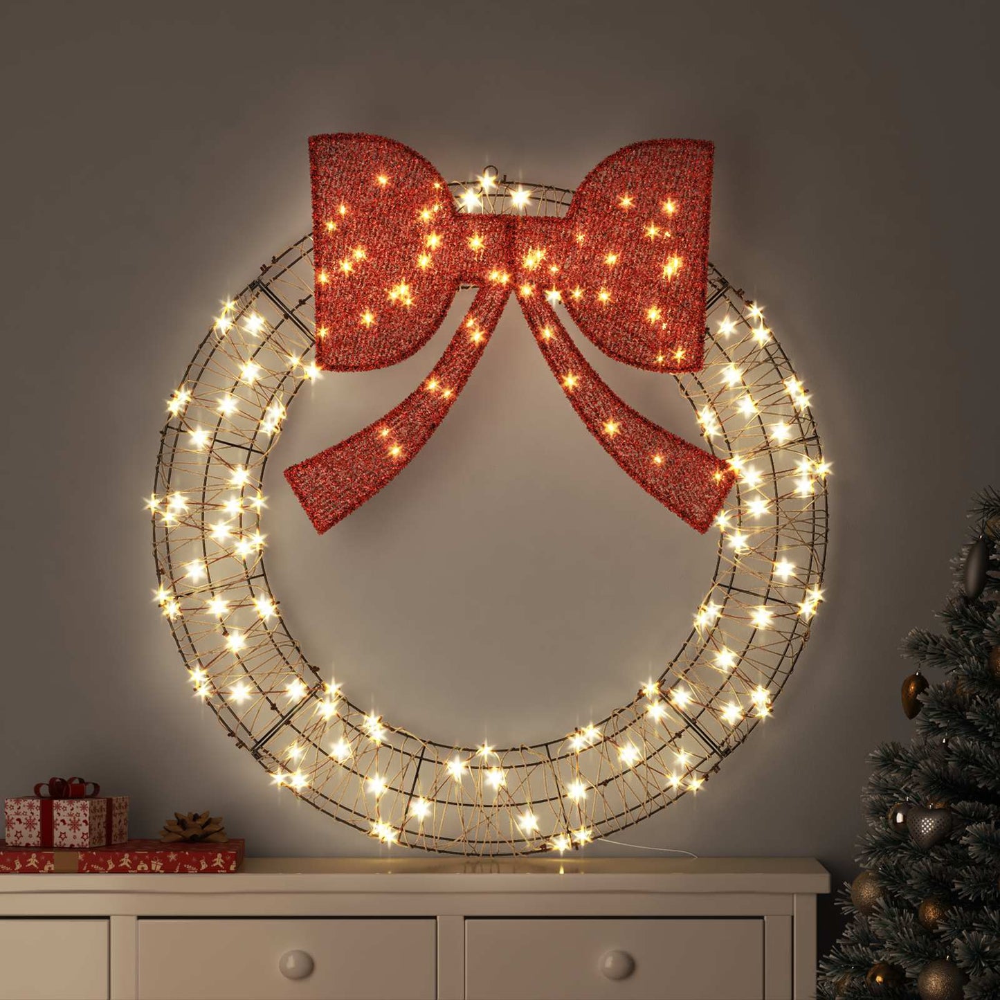 Koszorú 150 LED-del Meleg fehér 121 x 121 x 10 cm Rattan