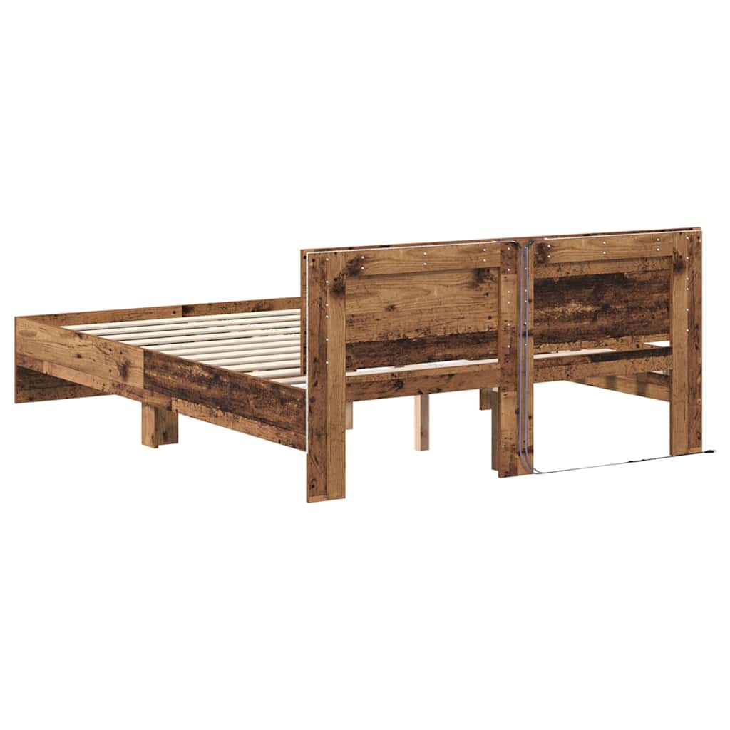 Ágykeret LED -es lámpákkal Öreg fa 140 x 190 cm Faanyag